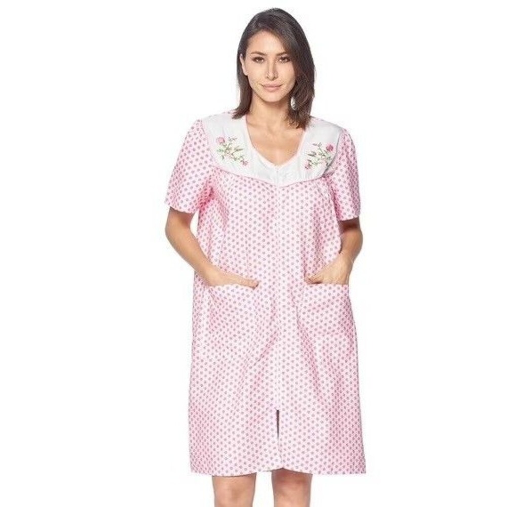 Casual Nights women's zipper front house dress short sleeve pockets seersucker L
